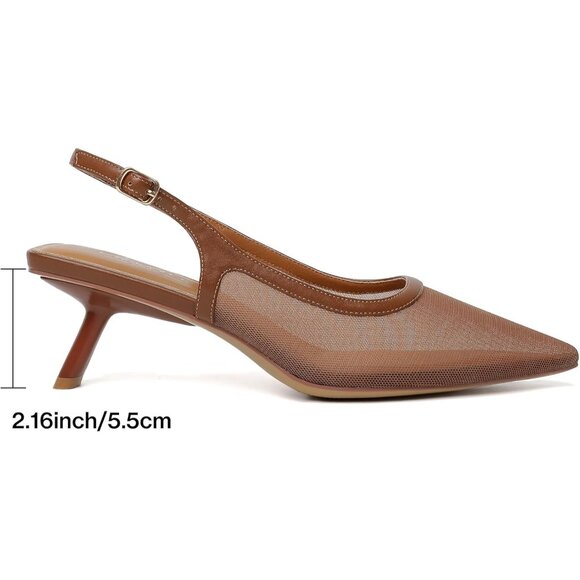 Mostrin Kitten Heel Brown Mesh Low Slingback Heels with Buckle Dress Shoes - Picture 2 of 9